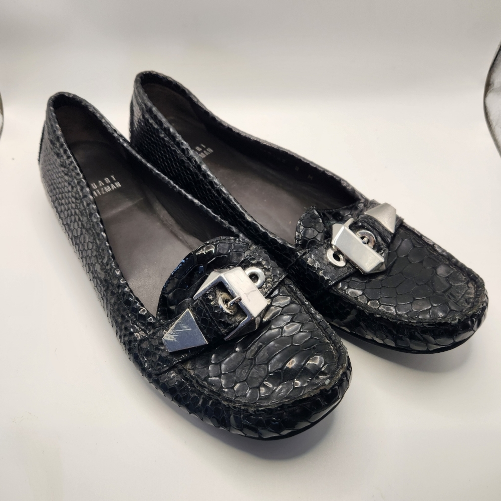Stuart Weitzman Black Croc - Embossed Patent Leather Silver Buckle Loafers‎ 8